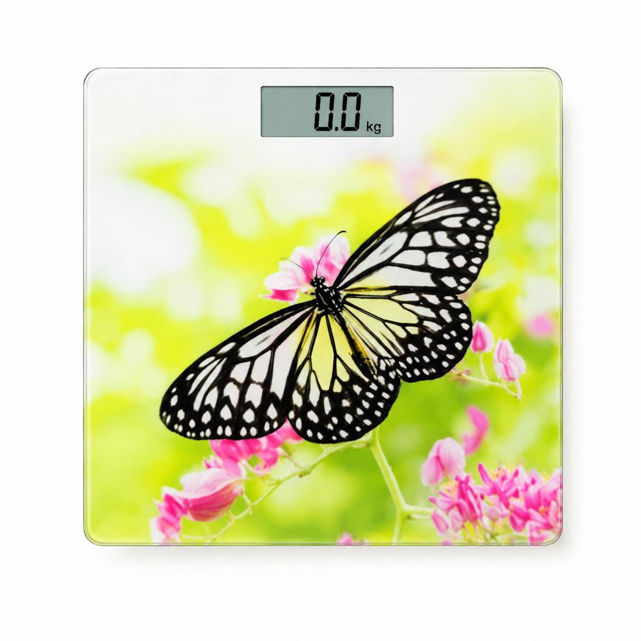 Cantar corporal digital cu display LED, sticla securizata, model fluture si flori