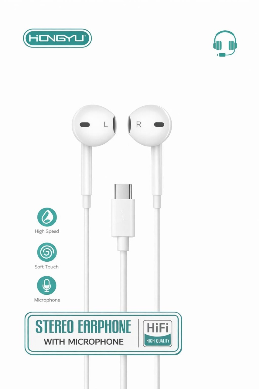 Căști audio cu fir Hongyu HY-28, USB Type-C, stereo Hi-Fi, cu microfon, albe 2