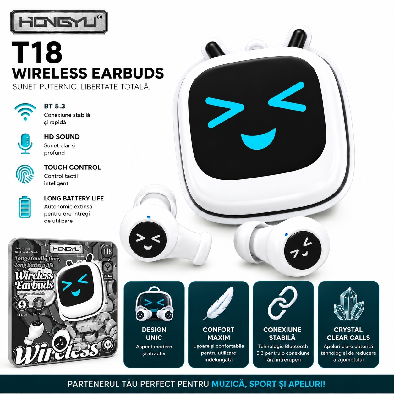 Căști Wireless Bluetooth T18 Albe – Earbuds BT 5.3 cu Sunet HD și Touch Control