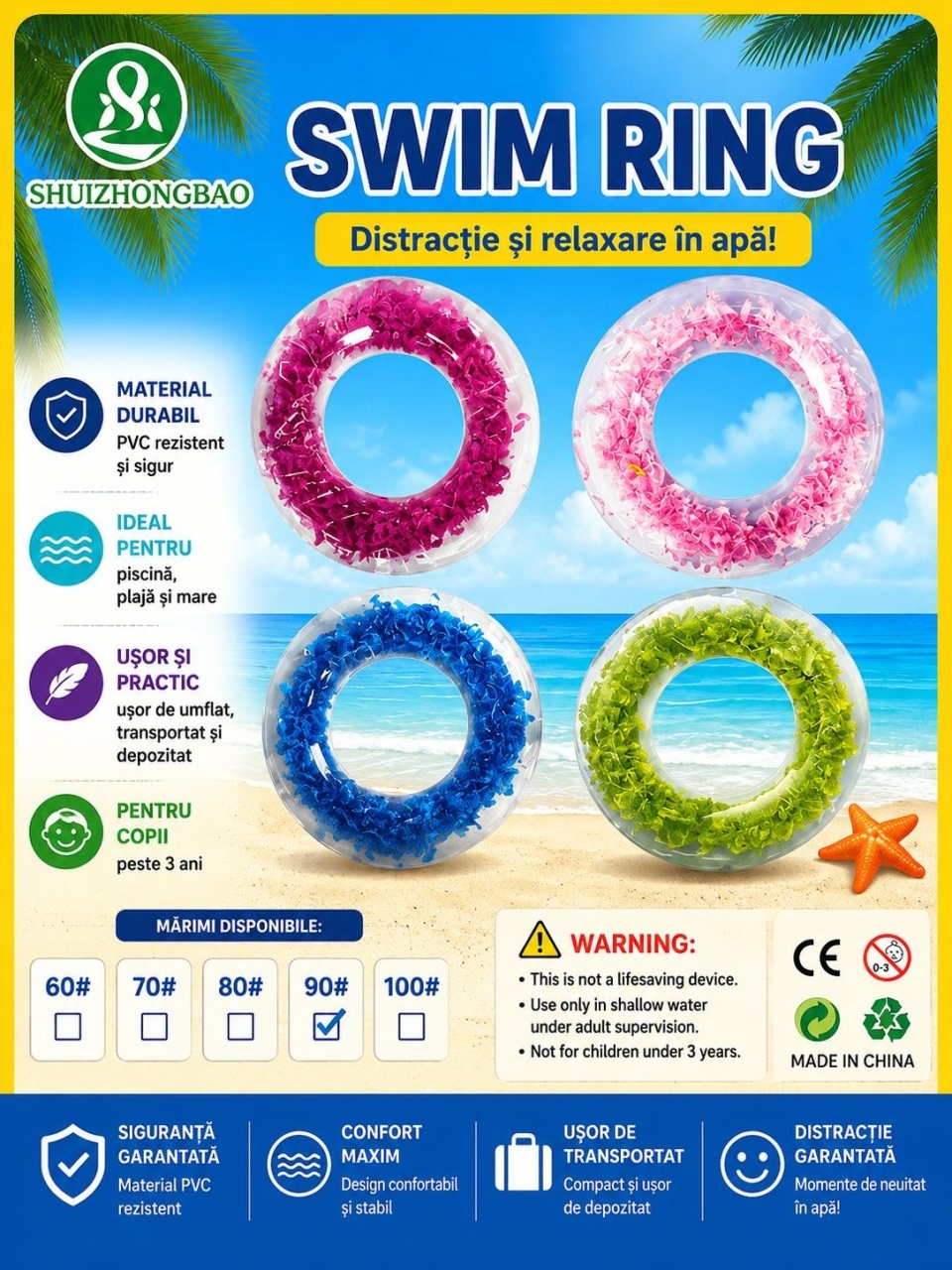 Colac gonflabil albastru 90 cm pentru piscina si plaja, design colorat si distractiv 2
