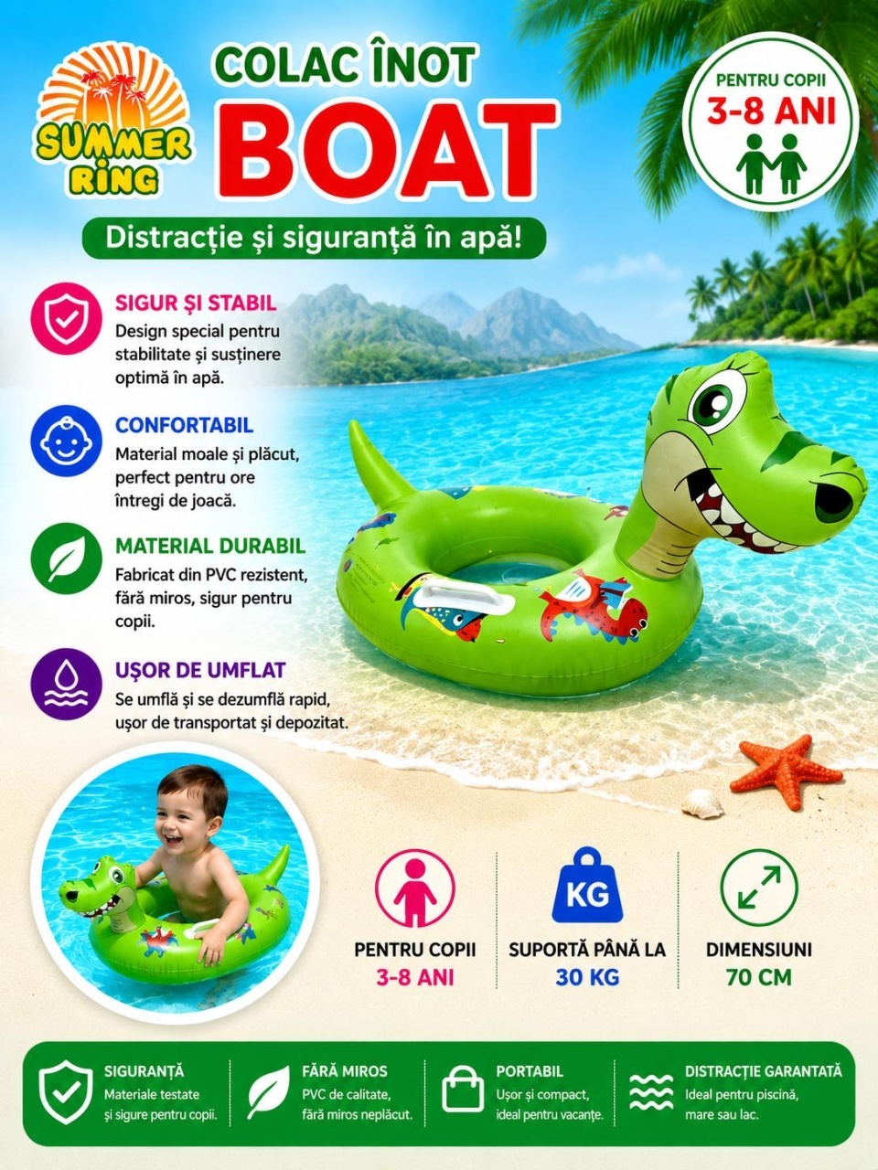 Colac gonflabil copii Boat Dino, 70 cm, model dinozaur verde, pentru piscină și plajă 2
