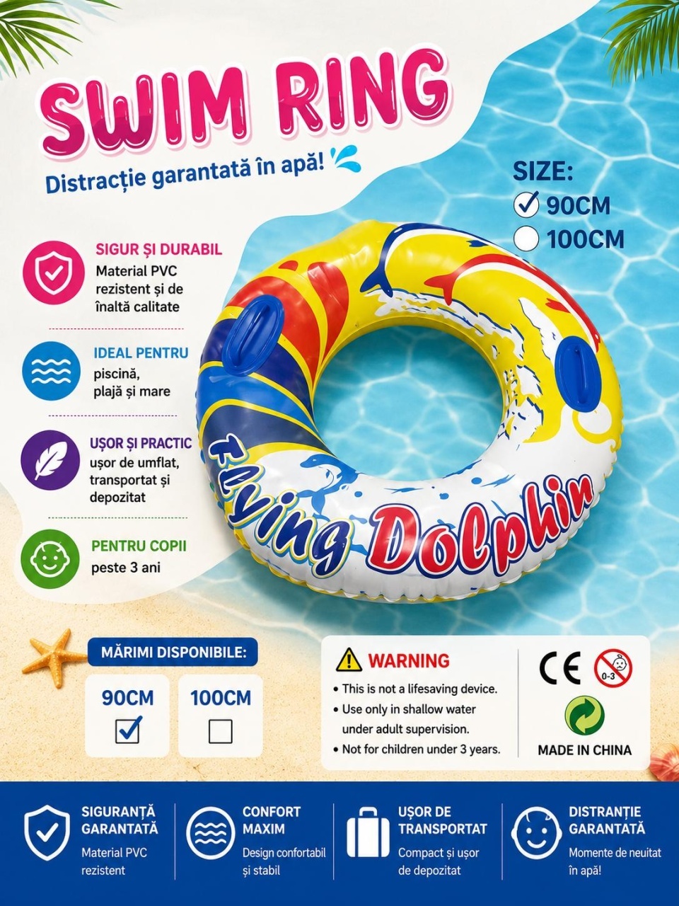 Colac gonflabil copii cu manere, model delfini, 90 cm, pentru piscina si mare 2