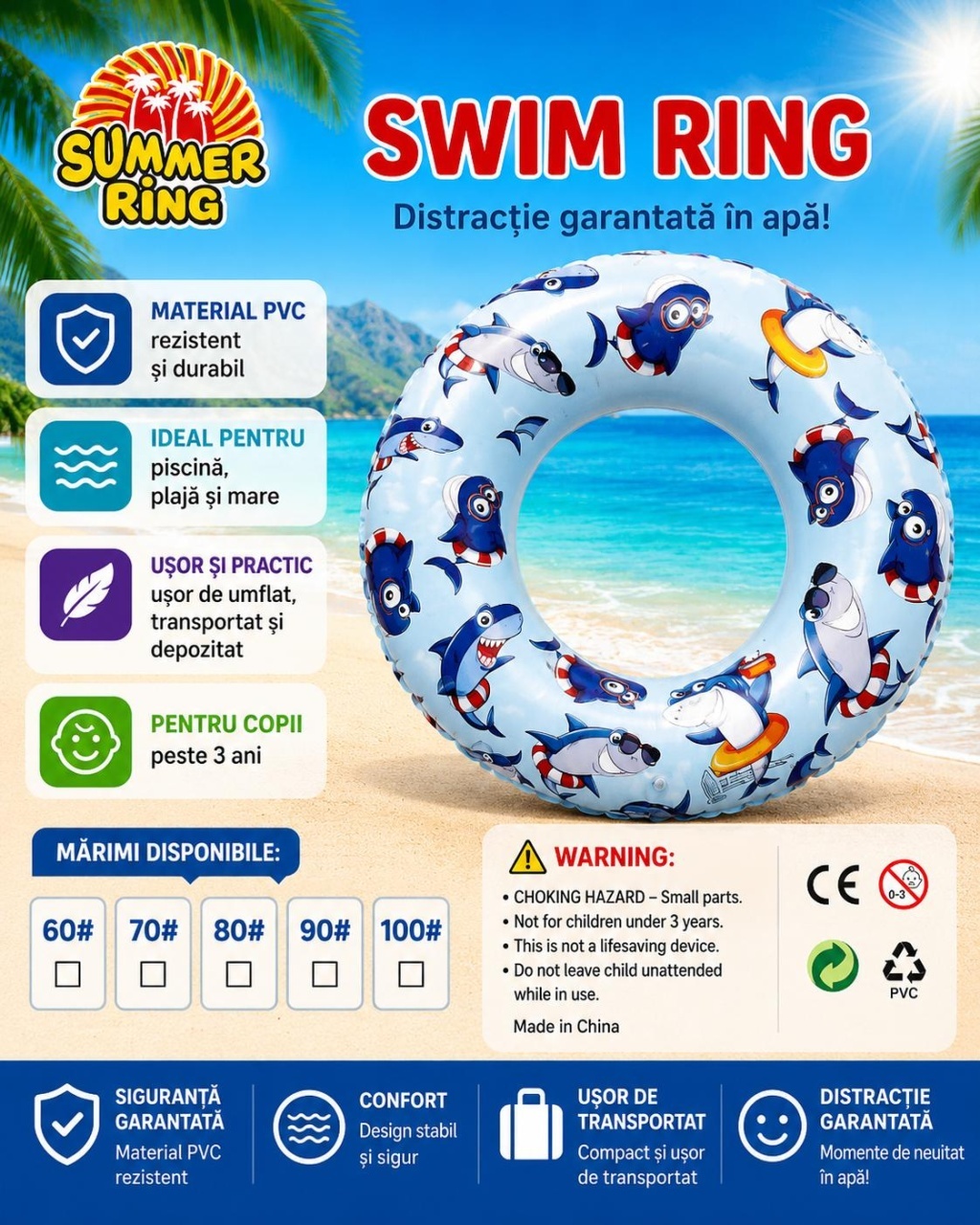 Colac gonflabil cu rechini pentru copii, 90 cm, ideal pentru piscina, plaja si mare 2