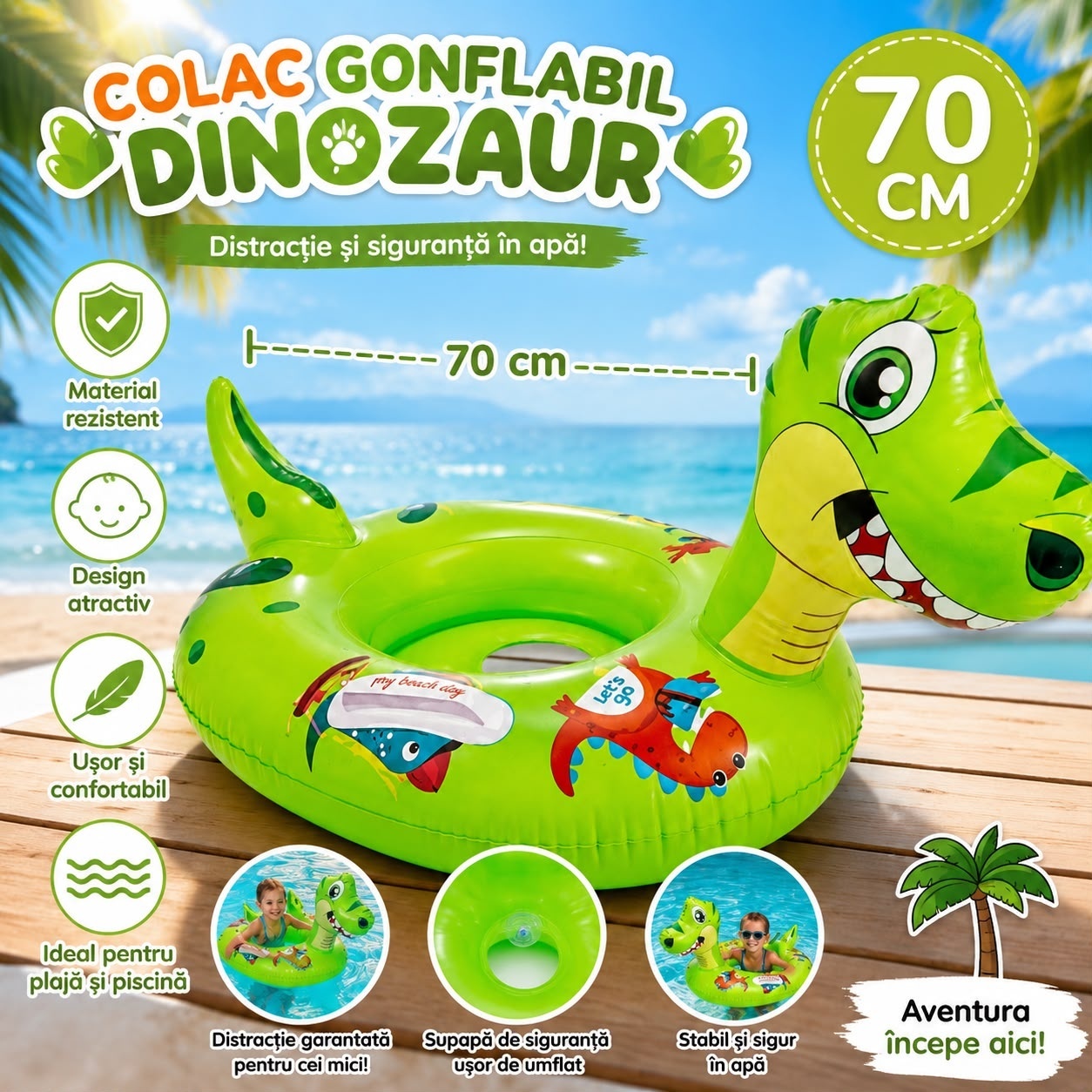 Colac Gonflabil Dinozaur pentru Copii 70 cm – Colac Verde cu Cap Dinozaur, pentru Piscină și Plajă 2