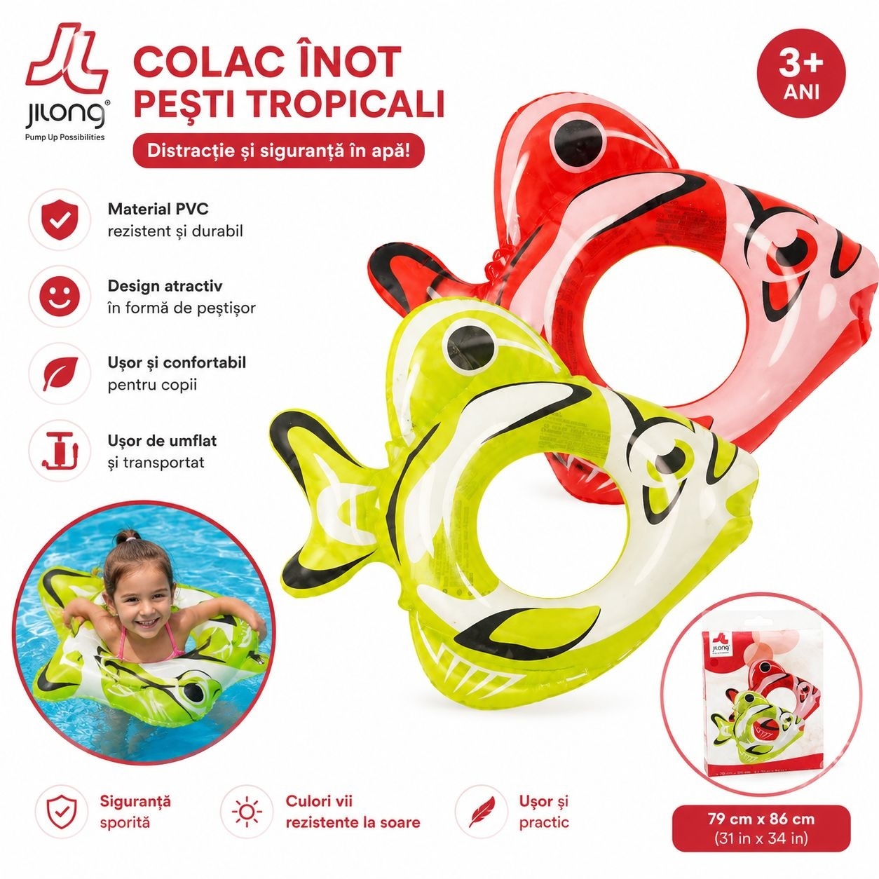 Colac Gonflabil Înot Roșu în Formă de Peștișor Tropical, 79 x 86 cm, PVC Rezistent, pentru Copii 3+ 2