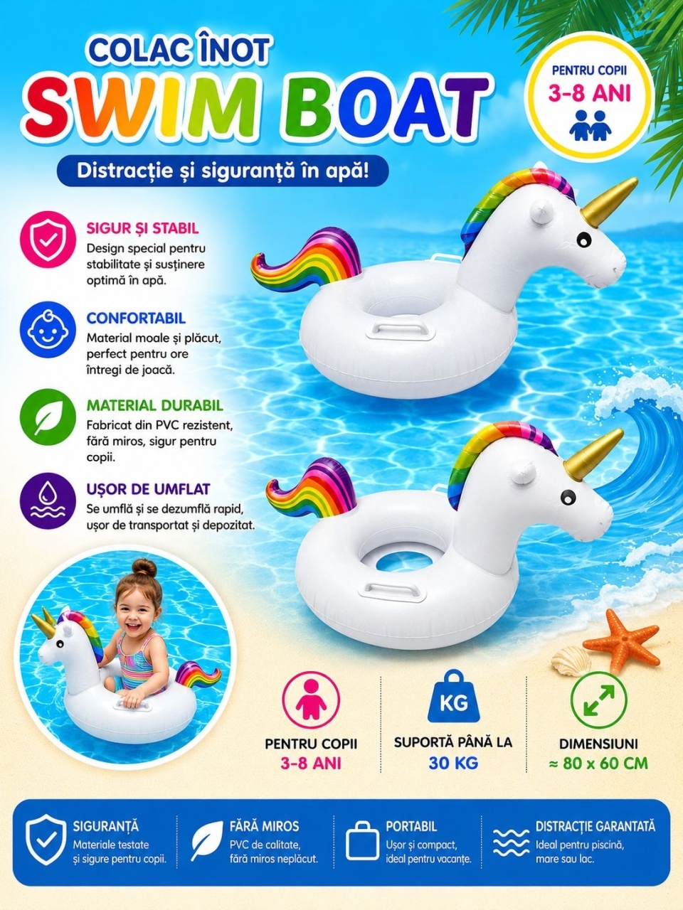 Colac Gonflabil Unicorn pentru Copii – 80x60 cm, Model Alb cu Coamă Curcubeu 2