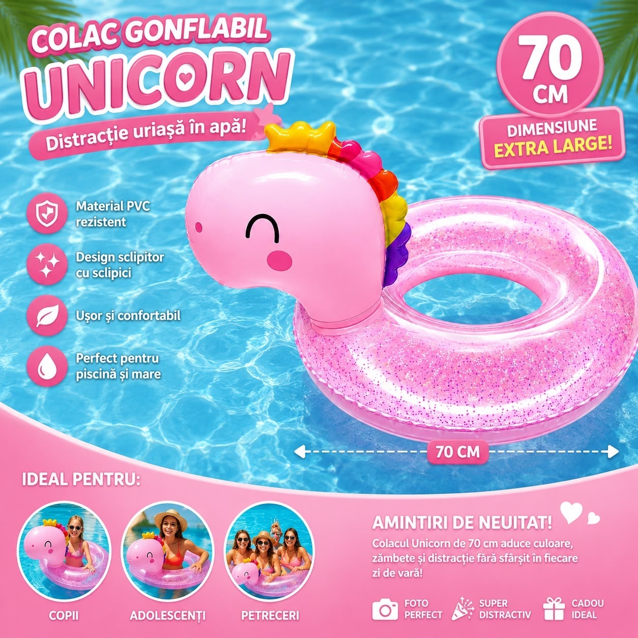 Colac Gonflabil Unicorn Roz cu Sclipici, 70 cm – Colac de Înot pentru Piscină, Mare și Plajă 2