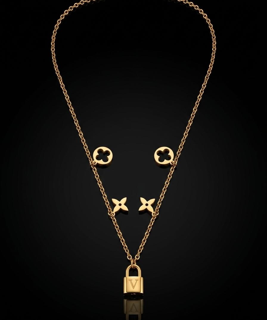Colier ROXE Golden Lock Elegance – lanț dublu cu simboluri și pandantiv lacăt, design premium, 45 cm