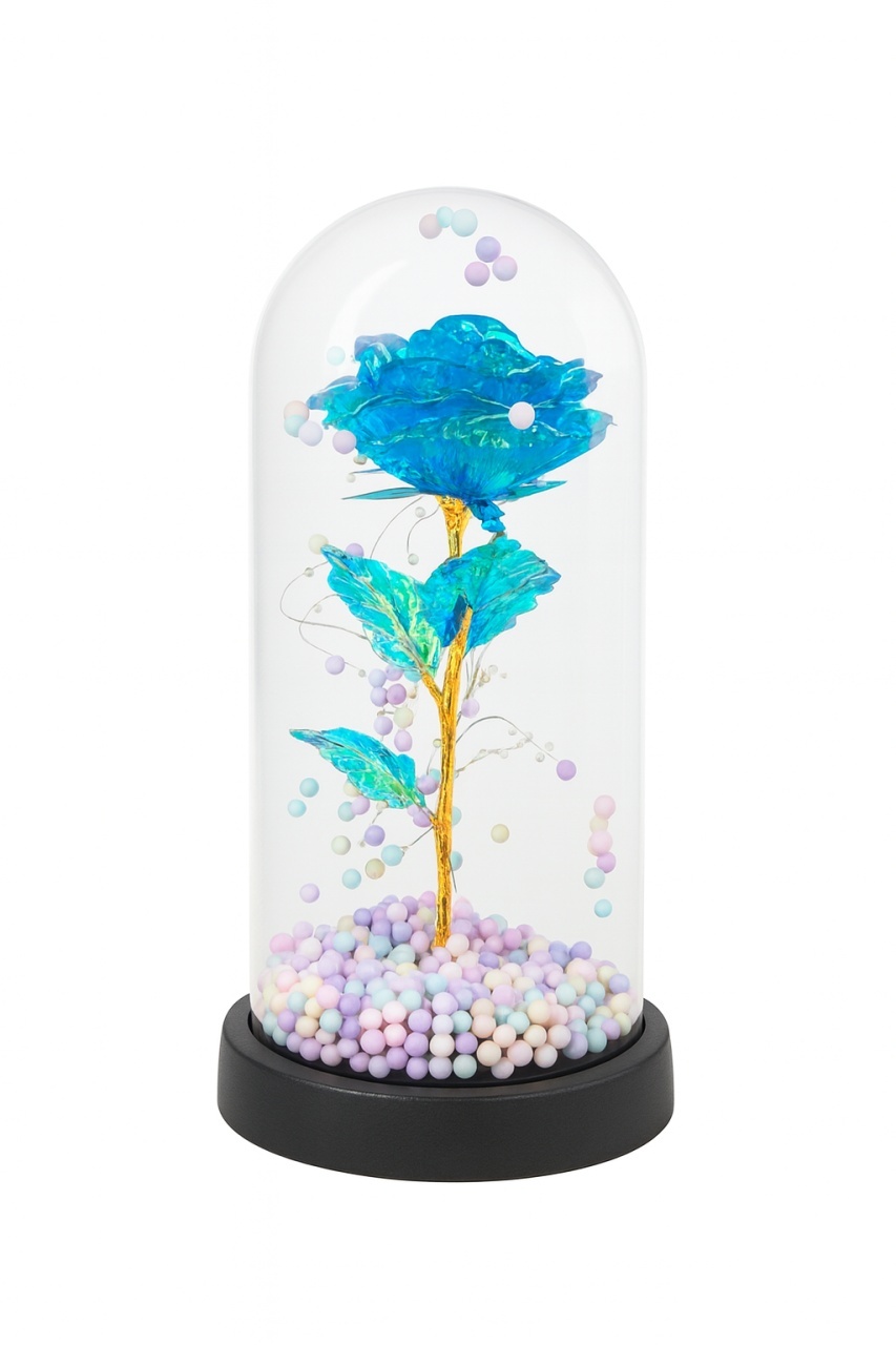 Cupola decorativa cu trandafir acrilic albastru, bile pastel si lumini LED, 22x11 cm 2