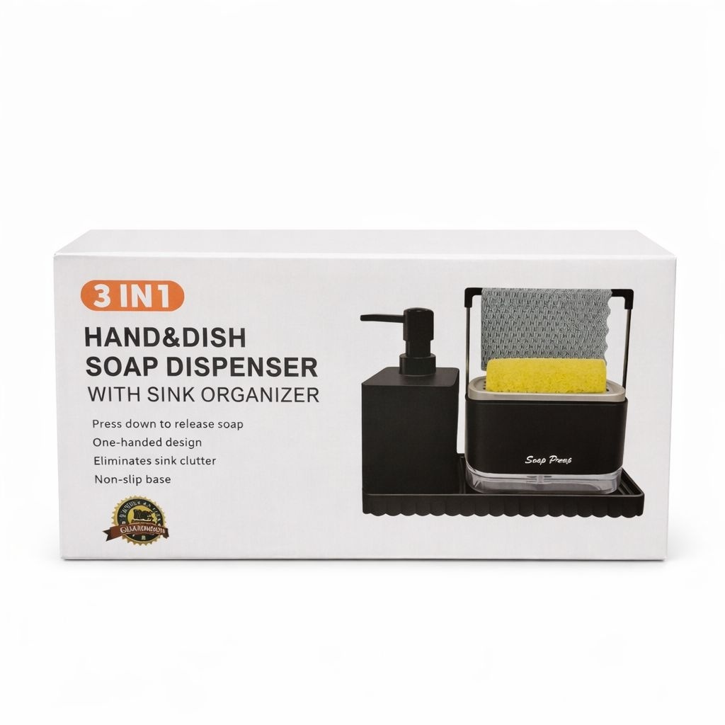 Dozator detergent vase 3 în 1 cu suport burete și organizator pentru chiuvetă 3