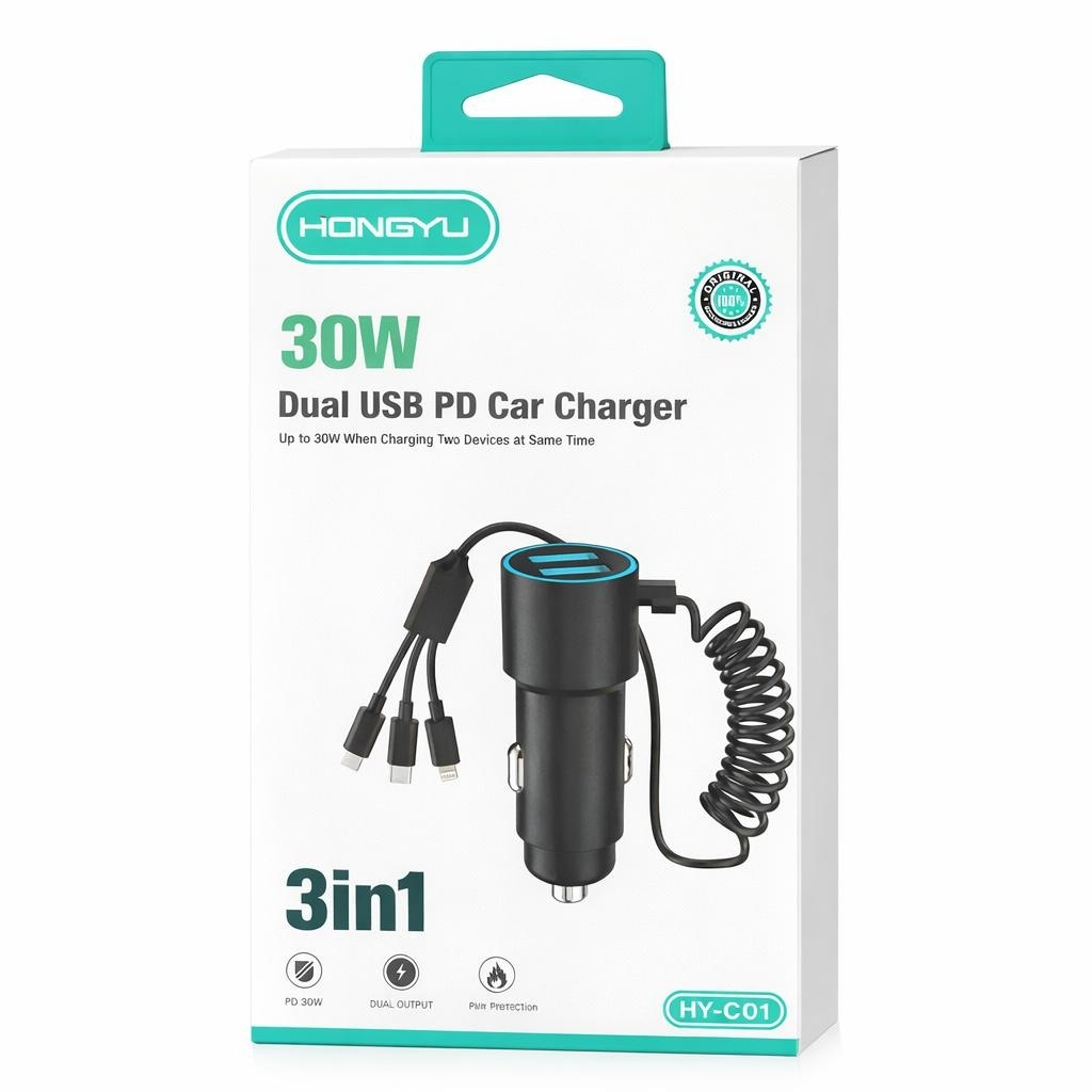 Încărcător auto Hongyu HY-C01 30W PD Dual USB cu cablu 3-în-1 integrat, încărcare rapidă 3.0A 3