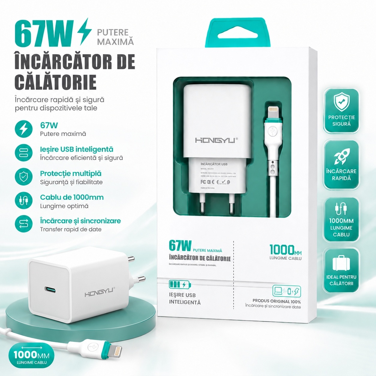 Încărcător Telefon Rapid 67W cu Cablu Lightning 1000 mm – Încărcare Rapidă și Sigură 2