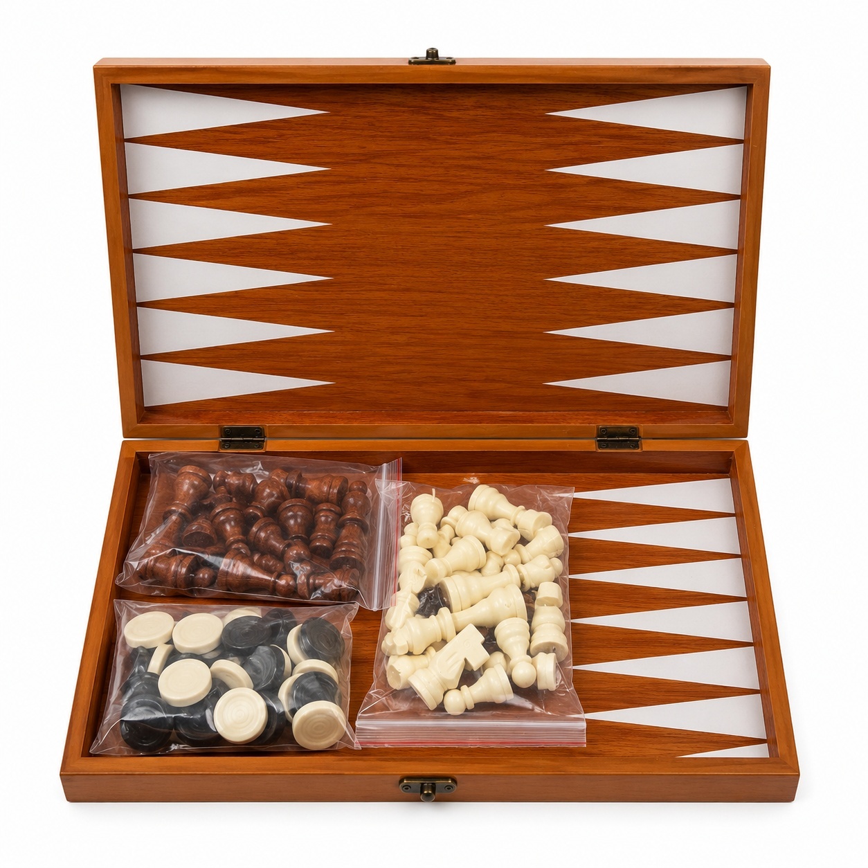 Joc 3 in 1 Sah, Table si Dame din Lemn maro deschis 50x40 cm Set Complet pentru Familie 4