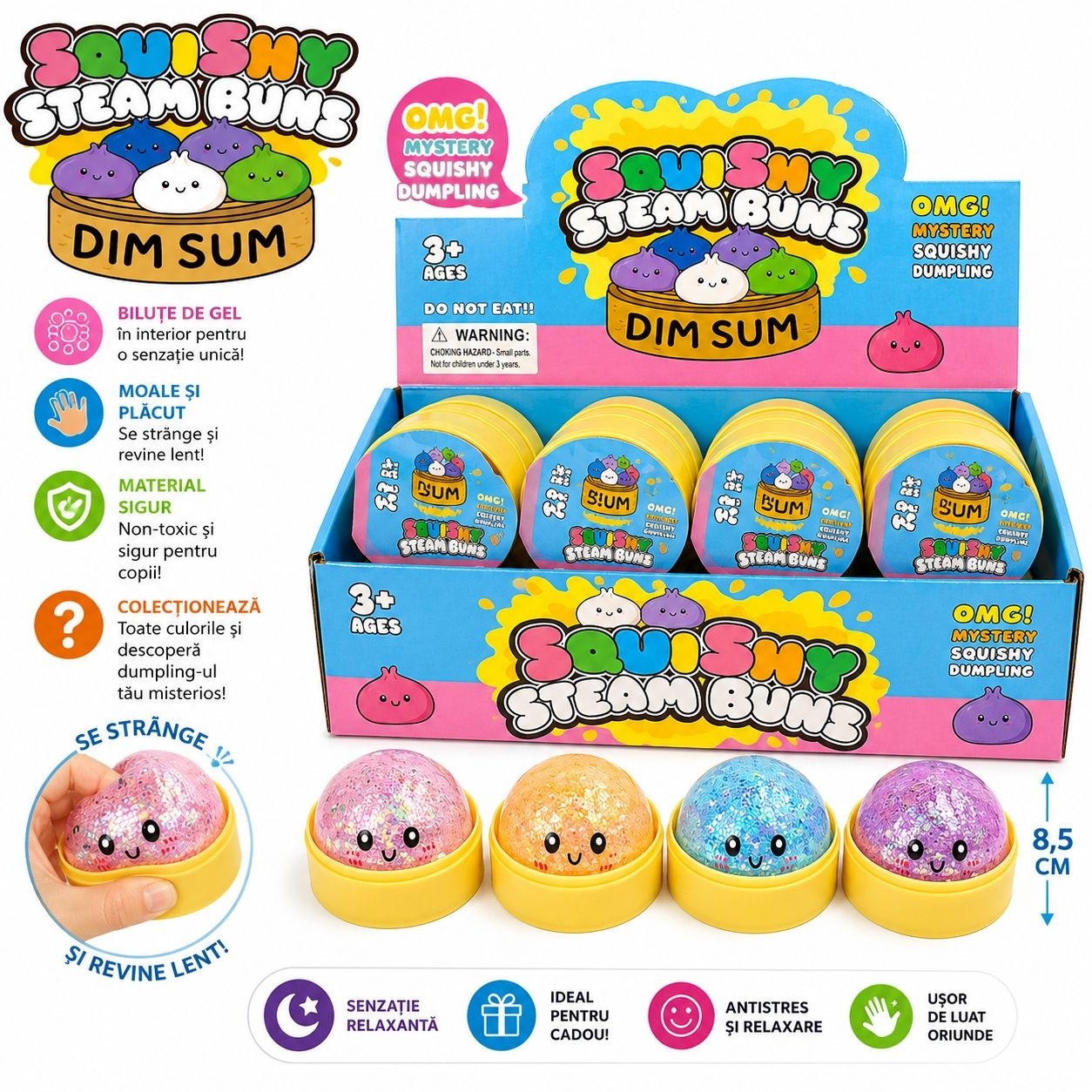 Jucărie Antistres Squishy Dumpling cu Sclipici și Bile din Gel 5,5 cm