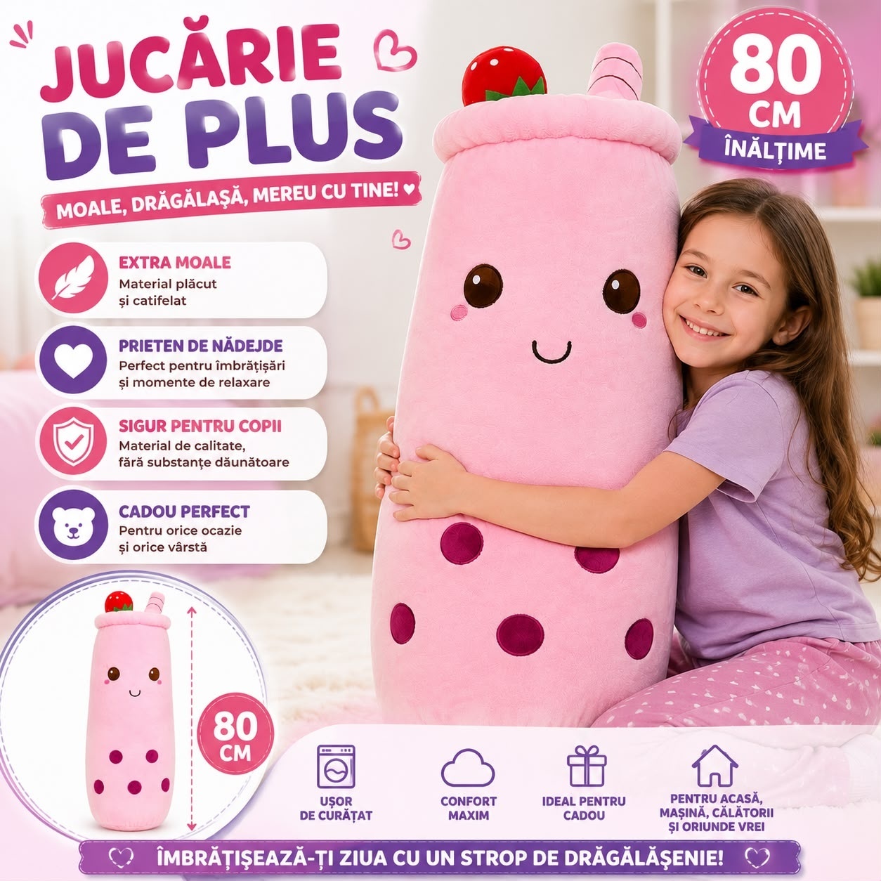Jucărie de Pluș Bubble Tea Roz, 80 cm, Pernă Plus Gigantă, Moale și Catifelată 2