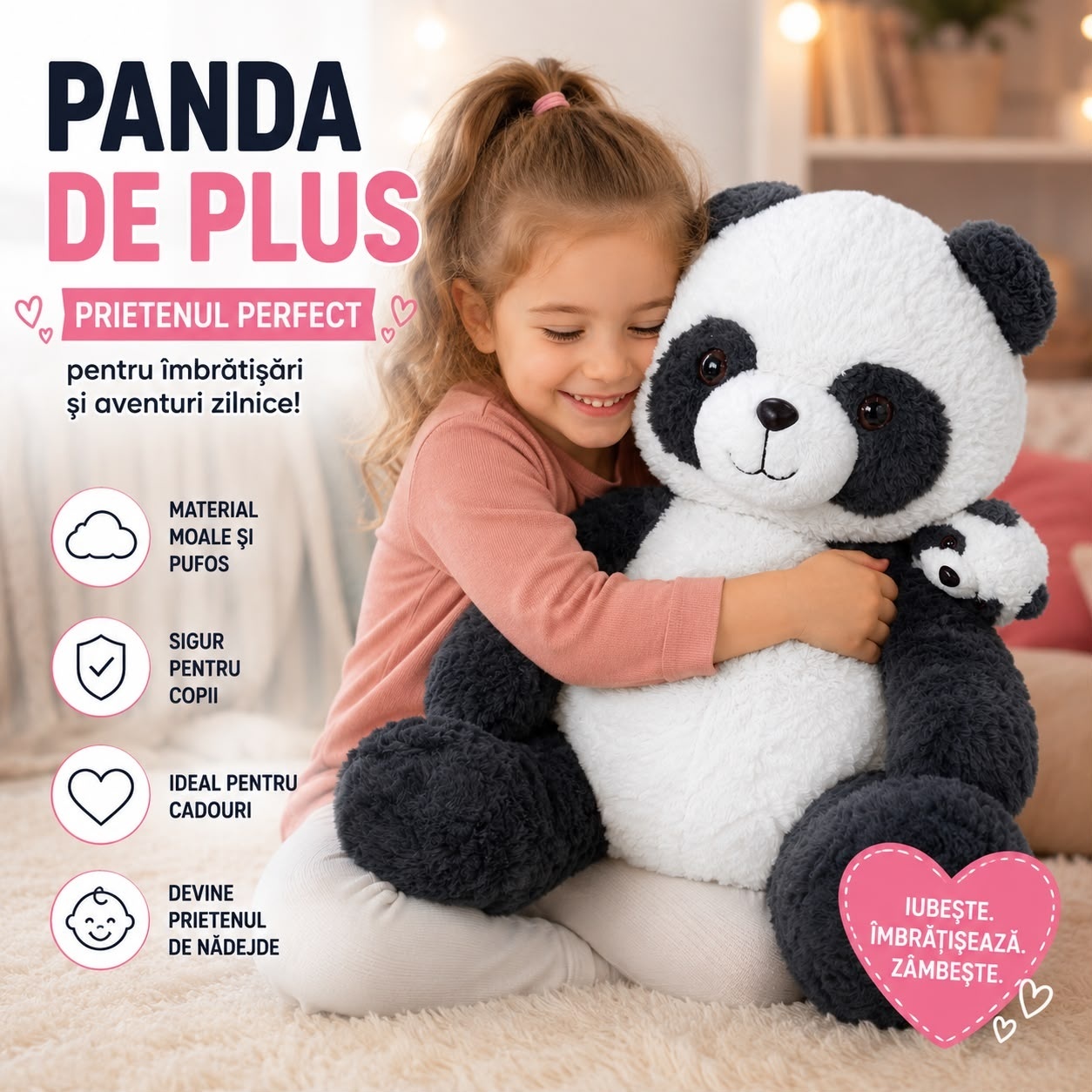 Jucărie de Plus Urs Panda 60 cm, Moale și Pufoasă, cu Pui Panda, Cadou pentru Copii și Bebeluși 2
