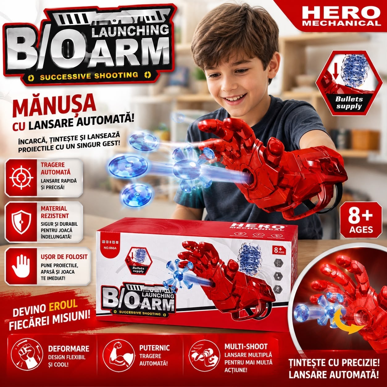 Jucărie Pistol cu Bile din Gel – Mănușă Lansator Automat cu Proiectile Gel, Hero Mechanical, 8+ Ani