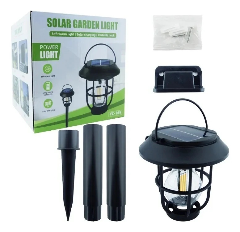 Lampă solară de grădină LED cu spic, neagră, plastic rezistent, lumină caldă, cu montaj ușor