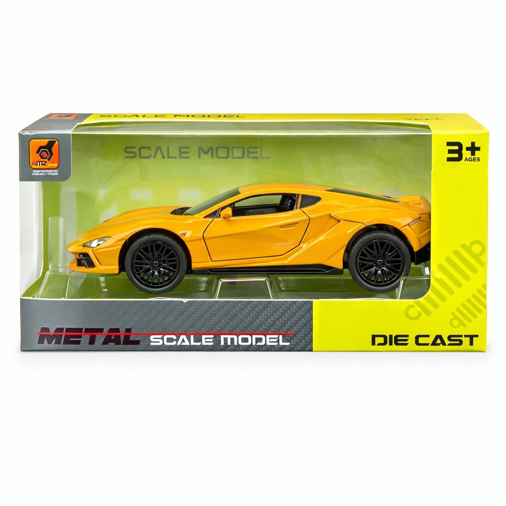Macheta masina sport galbena cu design modern, detalii realiste, 15.5x7 cm