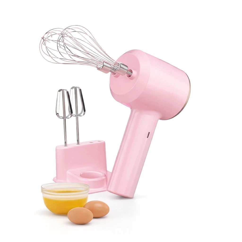 Mixer electric portabil 2 in 1 cu accesorii, reincarcabil USB, roz