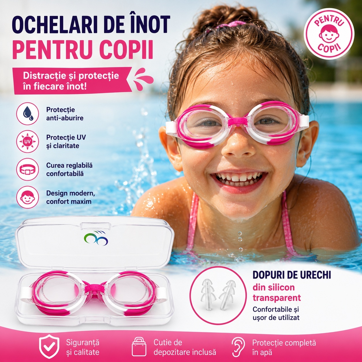 Ochelari de inot copii roz-alb, reglabili, cu dopuri urechi silicon transparent 2