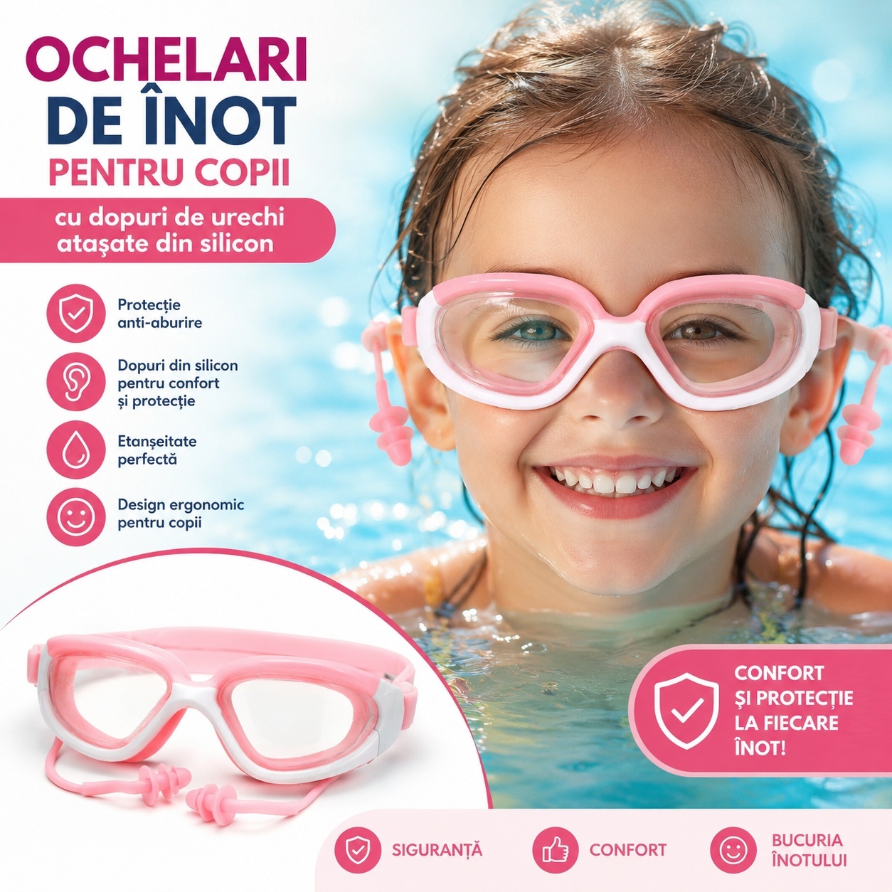 Ochelari de Inot pentru Copii cu Dopuri de Urechi din Silicon, Anti-Aburire, Roz, Reglabili 2
