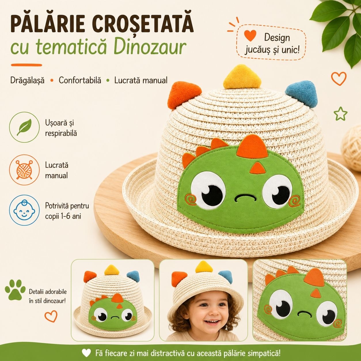 Palarie copii cu dinozaur verde, crosetata manual, model crem, bumbac 2