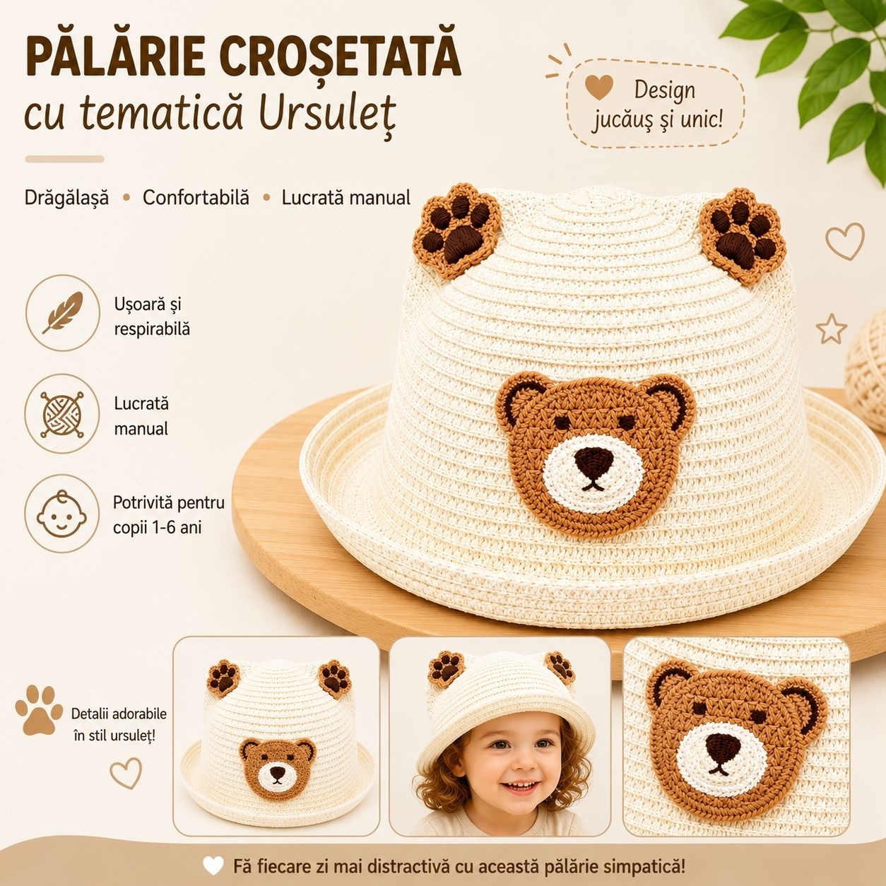 Palarie crem copii cu ursulet maro, crosetata manual, bumbac, model dragut 2