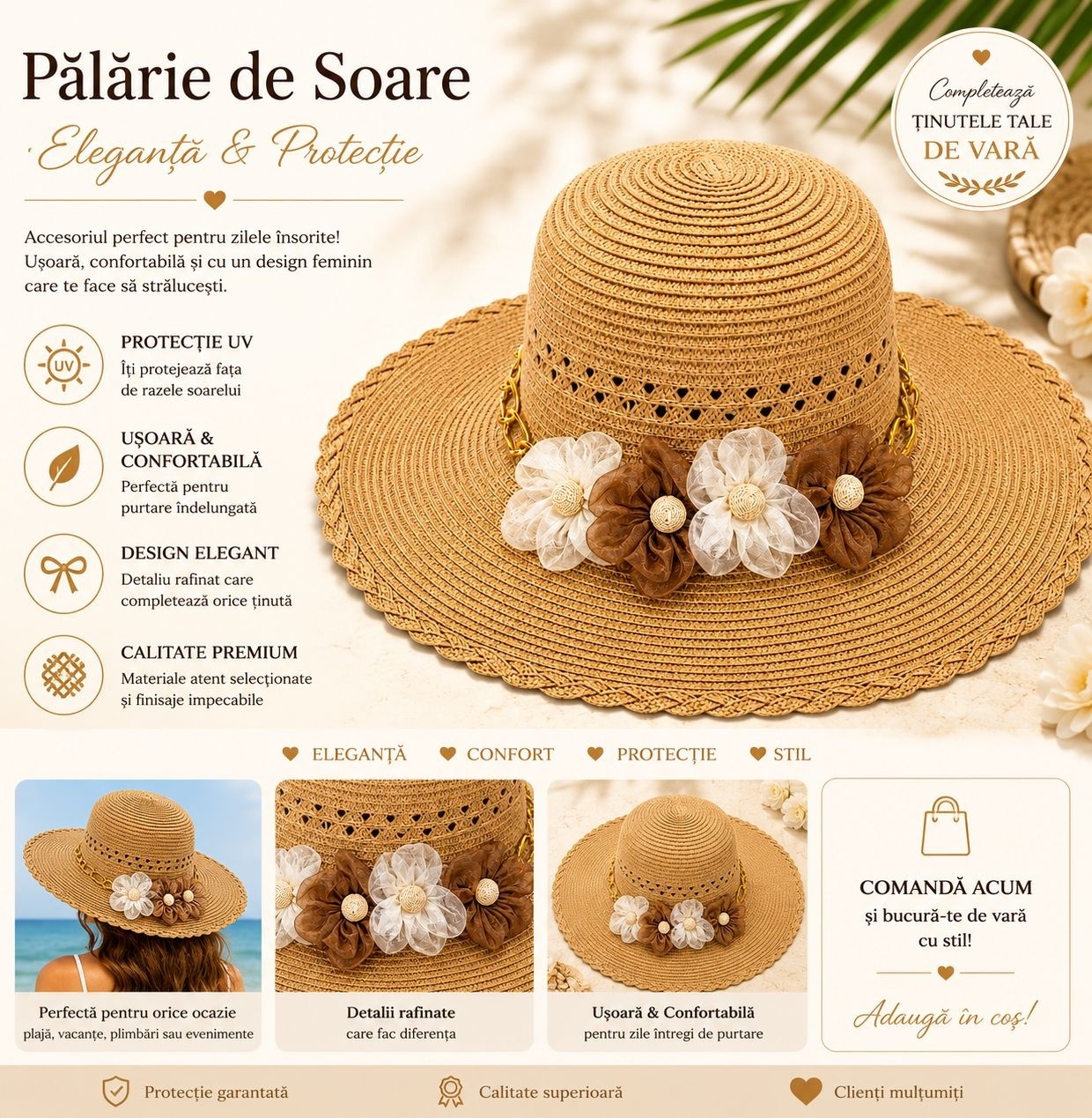 Palarie de Soare pentru Femei, Bej , cu Floricele Decorative, Boruri Largi 2
