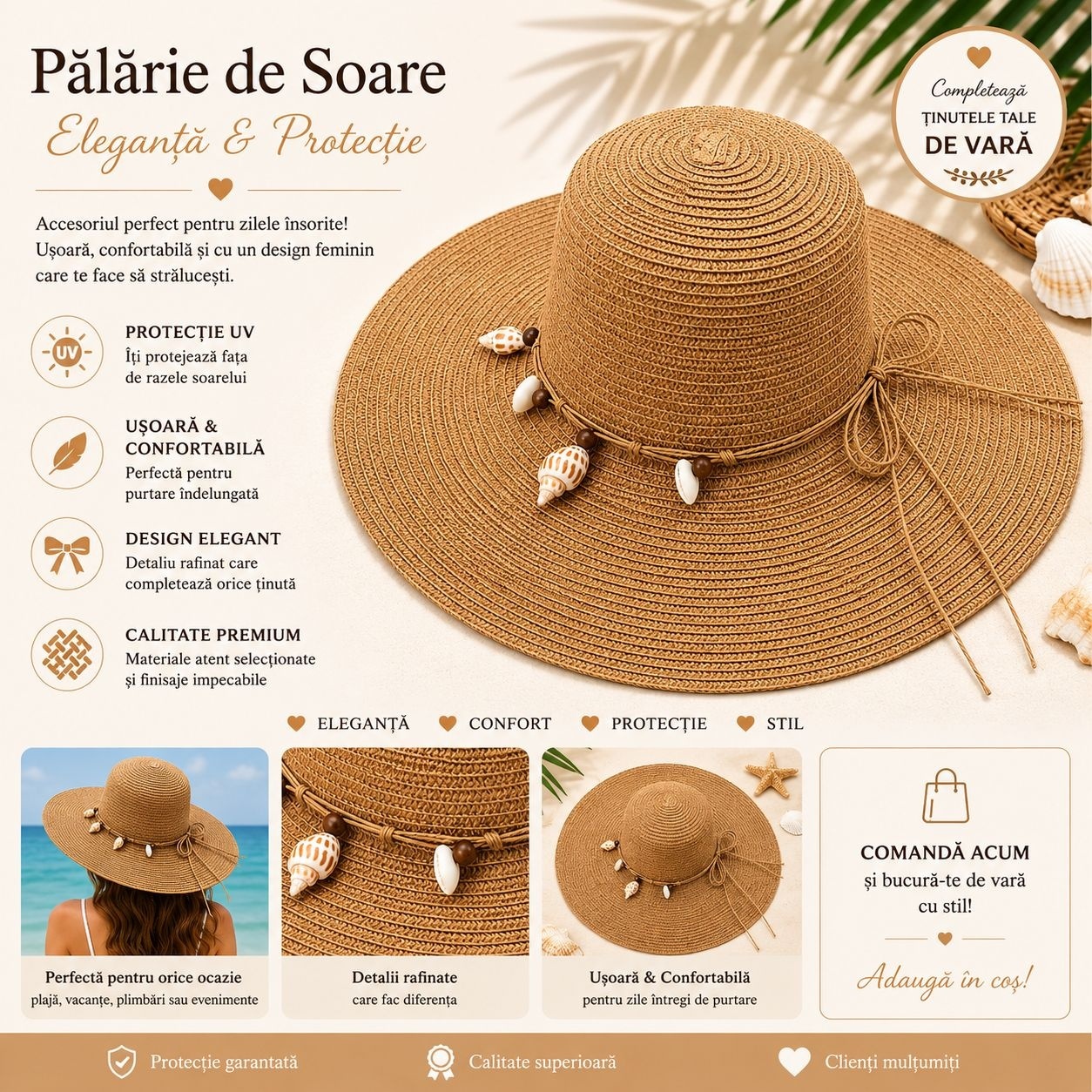 Palarie de Soare pentru Femei, Maro , cu Scoici Decorative si Fundita, Boruri Largi, Eleganta de Vara 2