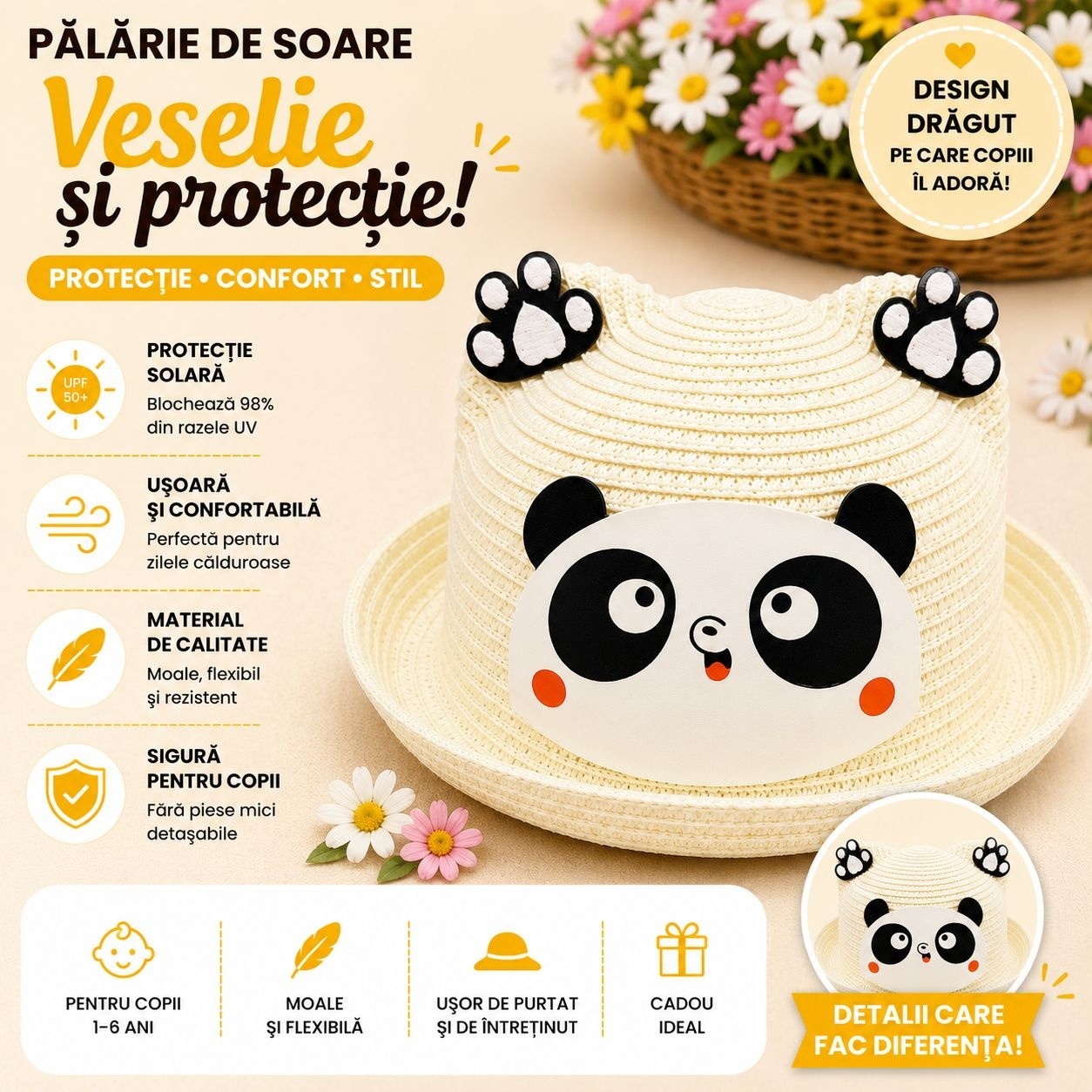Palarie de Vara Crem Vanilie cu Panda pentru Copii, Protectie UV si Design Dragut 2