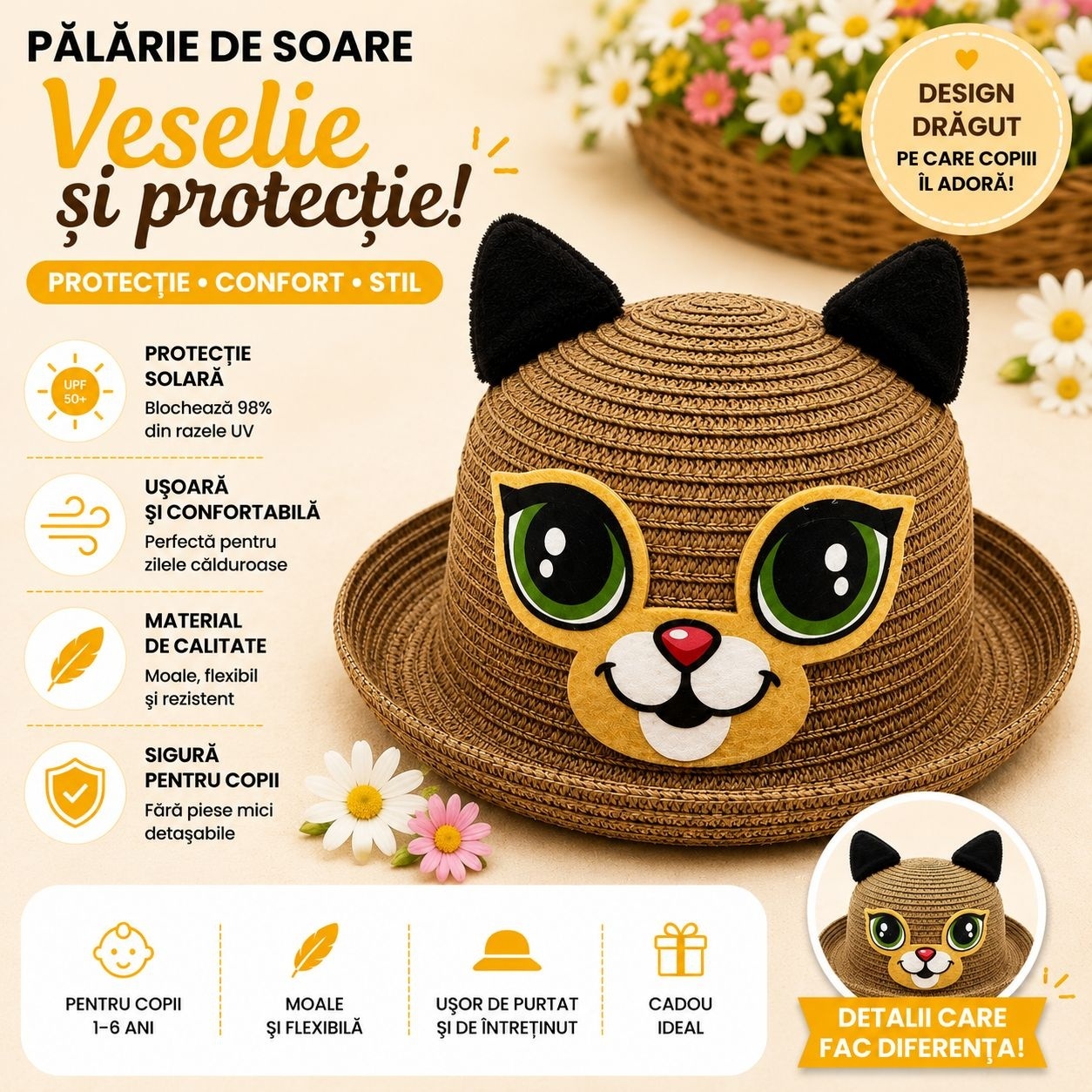 Palarie de Vara Maro pentru Copii, cu Design Pisicuta si Protectie UV 2