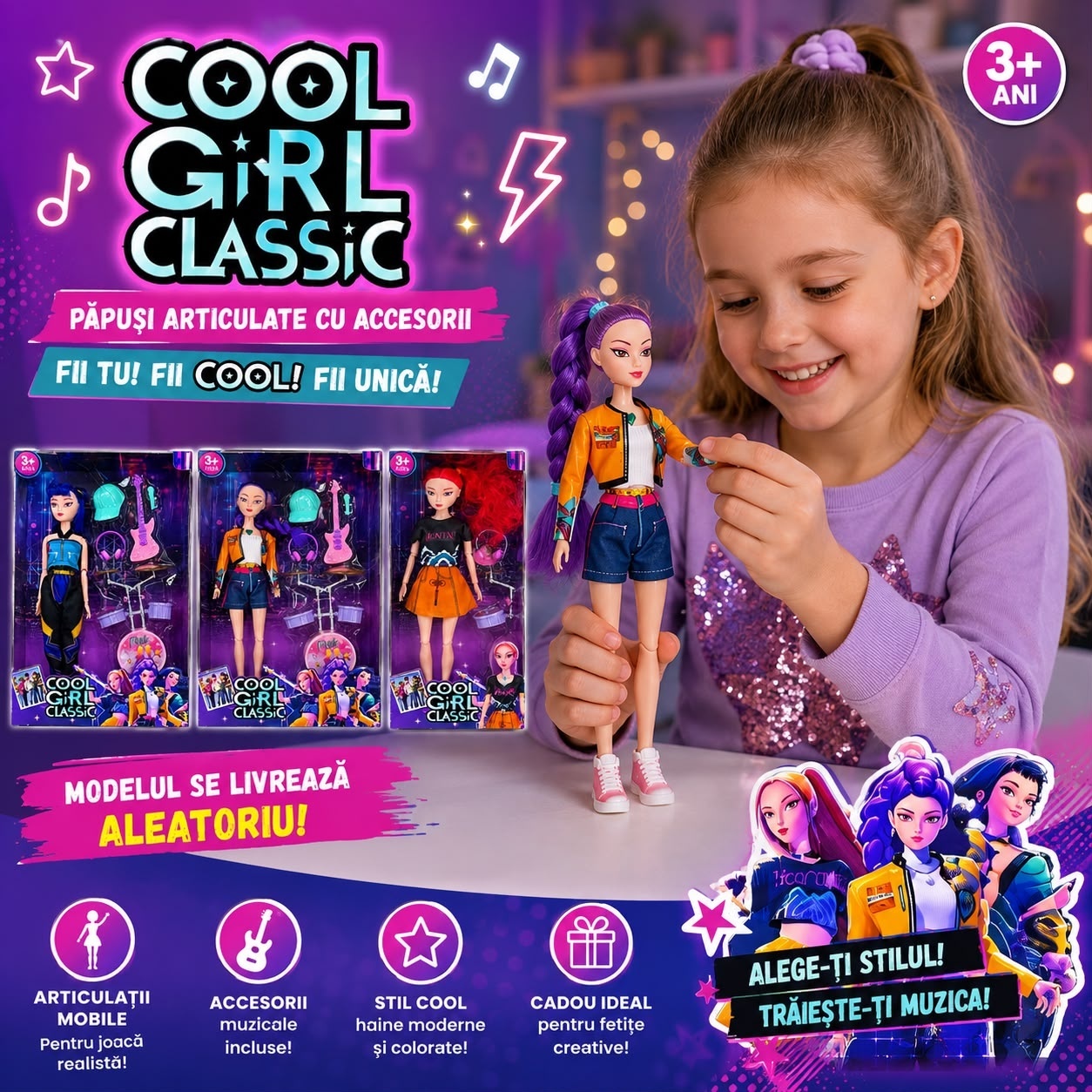Păpușă Articulată Cool Girl Classic cu Accesorii Muzicale, Model Aleatoriu, pentru Copii 3+ Ani 3