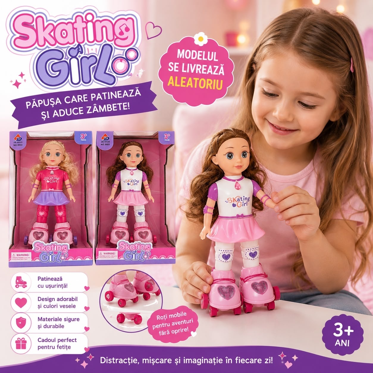 Păpușă Skating Girl cu Role, Model Aleatoriu – Păpușă pentru Fetițe 3+ Ani 3
