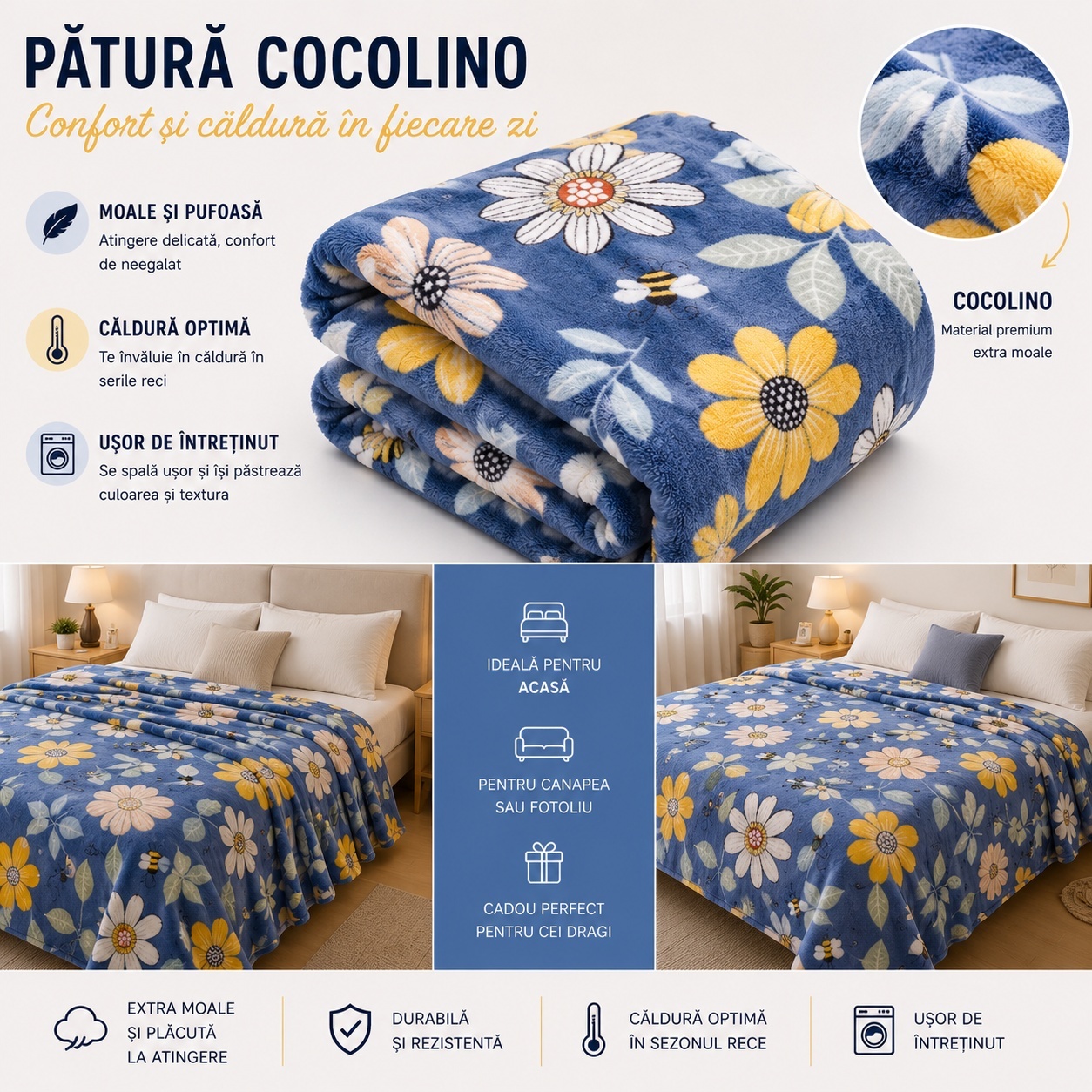 Patura Cocolino Pufoasa cu Model Floral si Albine, 200x220 cm, Albastru 2