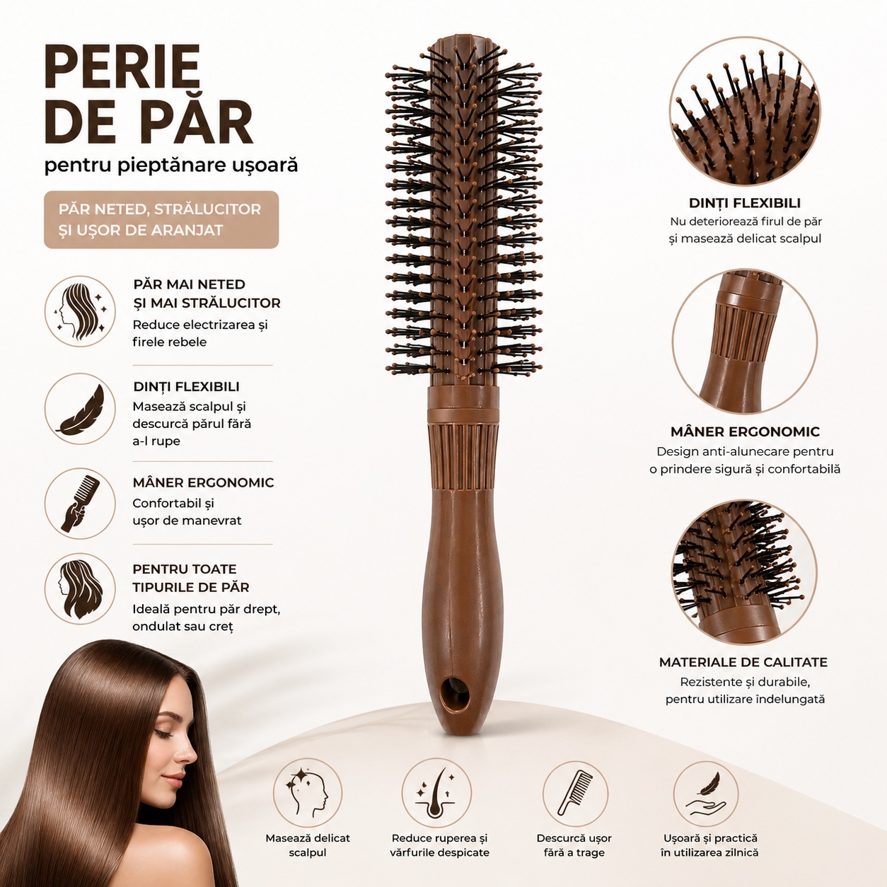 Perie Rotundă Maro pentru Păr – Styling Rapid, Volum și Păr Strălucitor 2
