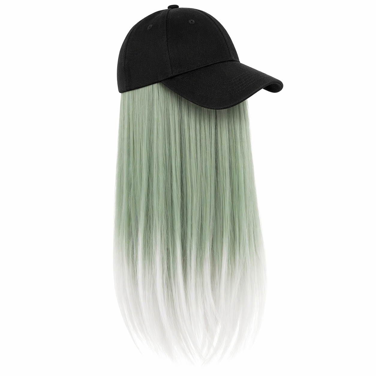 Peruca lunga 50 cm cu sapca neagra, par verde cu ombre alb