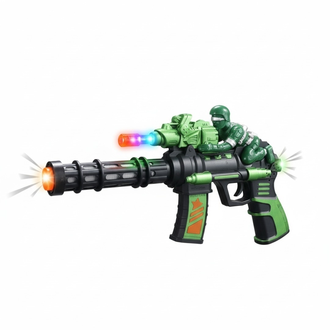 Pistol jucarie 23 cm cu lumini si sunete, model militar cu soldat verde