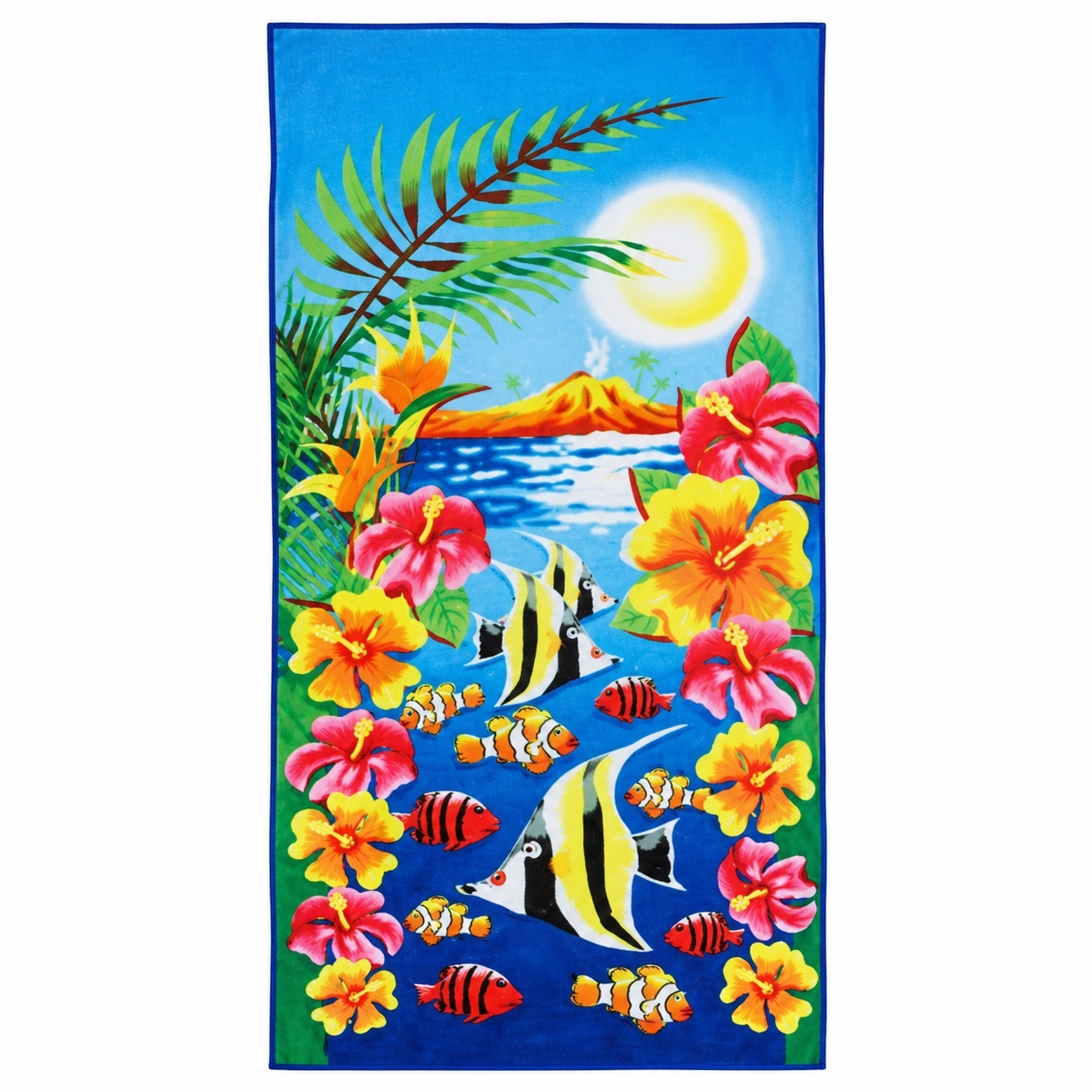 Prosop de plaja tropical cu flori hibiscus si pesti exotici, 70x140 cm 2
