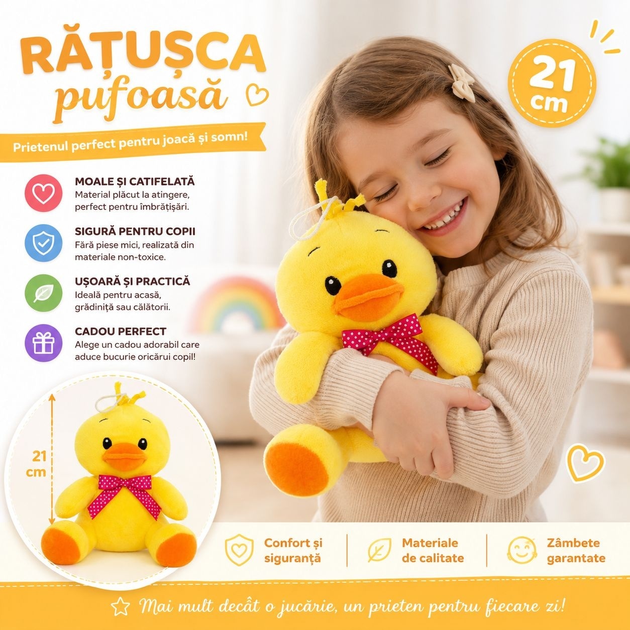Rățușcă de Plus 21 cm – Jucărie de Pluș Moale și Catifelată pentru Copii, Cadou Adorabil pentru Somn și Joacă 2