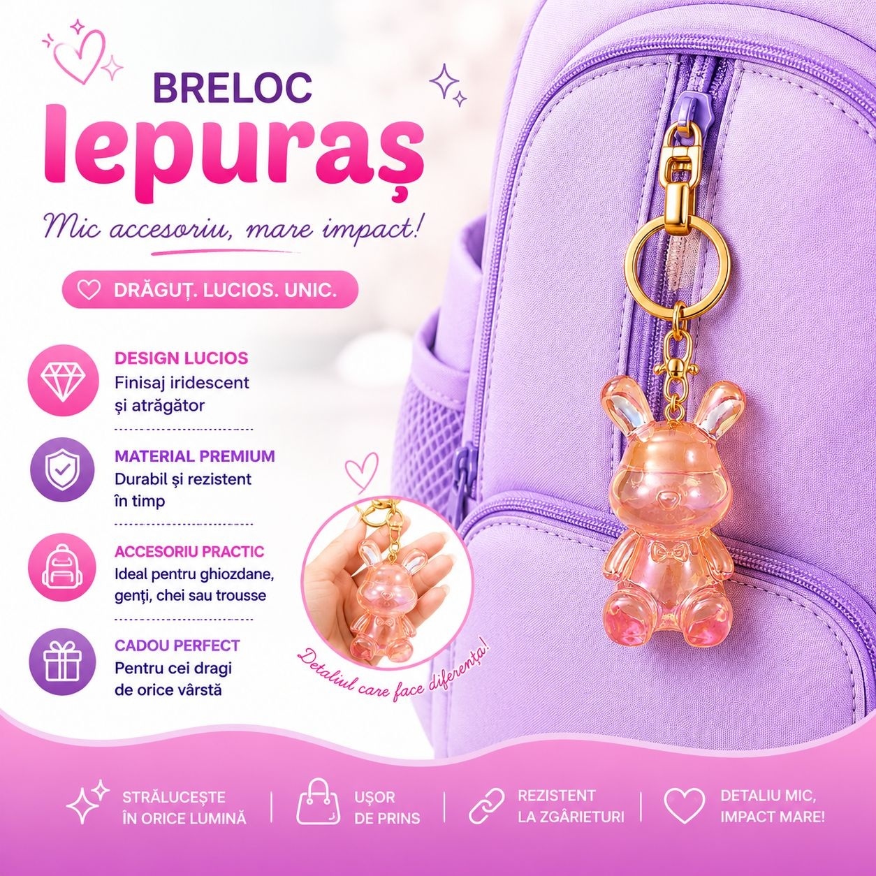 Set 12 Brelocuri Iepuraș 5.5 cm – Mix Culori Iridescente, Accesorii Drăguțe pentru Chei și Ghiozdane 3