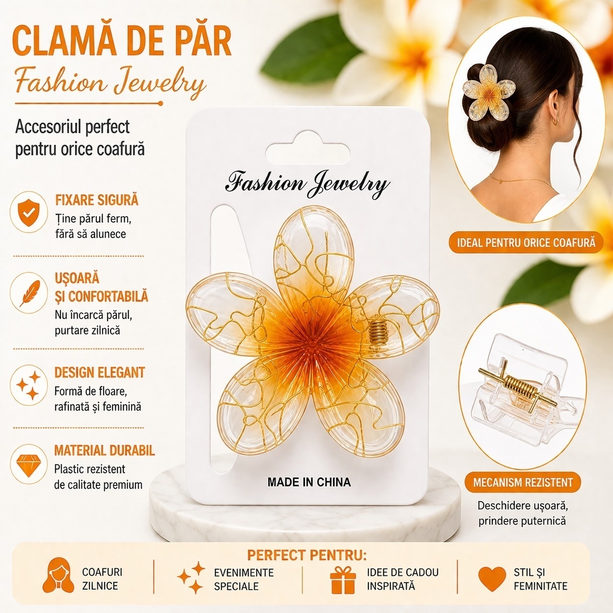 Set 12 Clești de Păr Floare Elegantă 8 cm – Clame Transparente cu Detalii Aurii 3