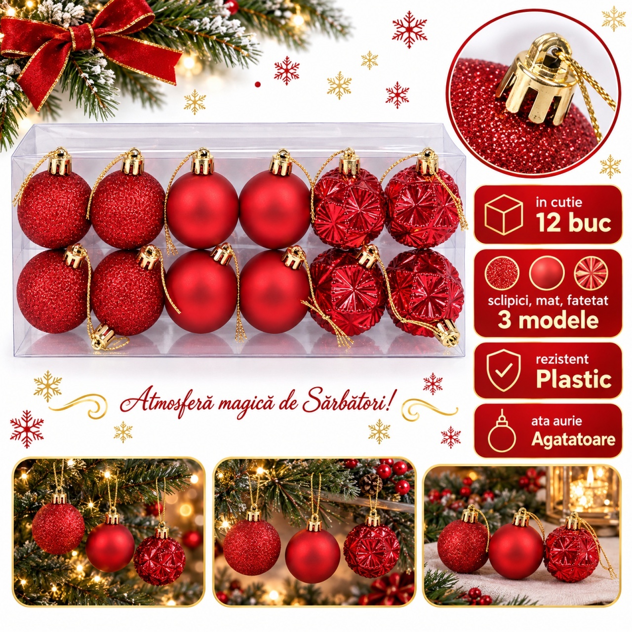 Set 12 globuri de Crăciun, roșii, 6 cm, plastic, diverse modele, agățătoare aurie
