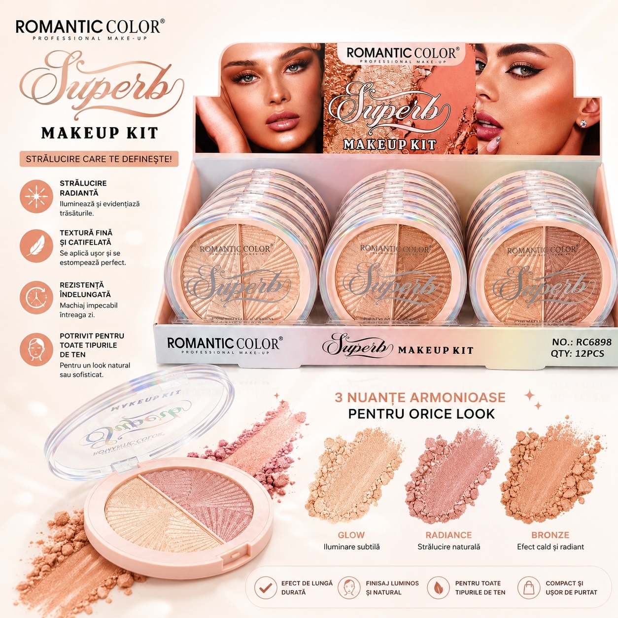 Set 12 Iluminatoare Duo Romantic Color Superb – Highlighter Compact cu 2 Nuanțe 2