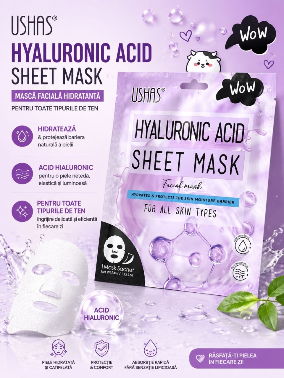 Set 12 Măști Faciale cu Acid Hialuronic USHAS – Hidratare Intensă, Elasticitate și Luminozitate pentru Ten 2