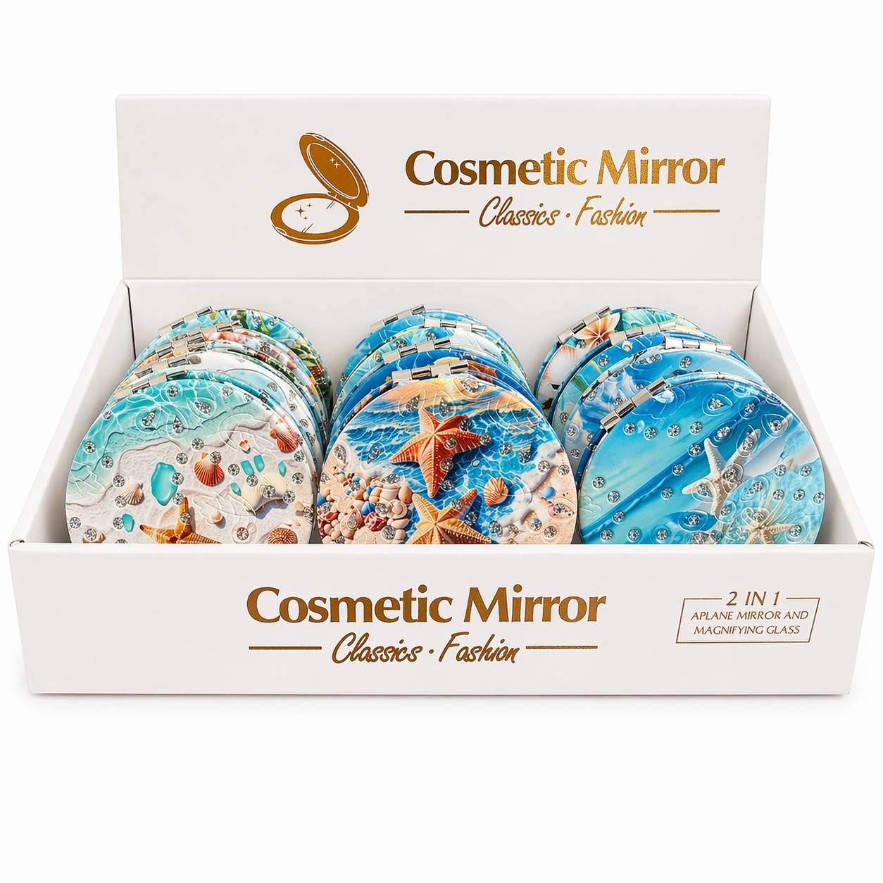 Set 12 oglinzi cosmetice 7 cm model stea de mare, oglindă dublă, compacte, portabile