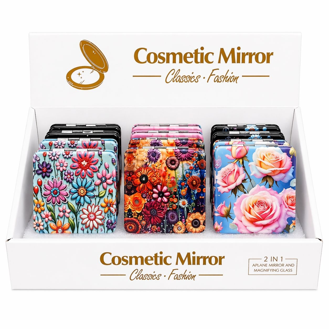 Set 12 oglinzi cosmetice buzunar 2 in 1 cu flori, compacte si elegante