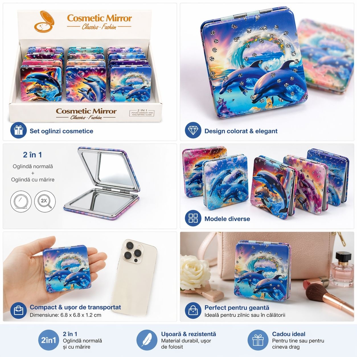 Set 12 Oglinzi decorative dreptunghiulare, delfini și cristale sclipitoare 2
