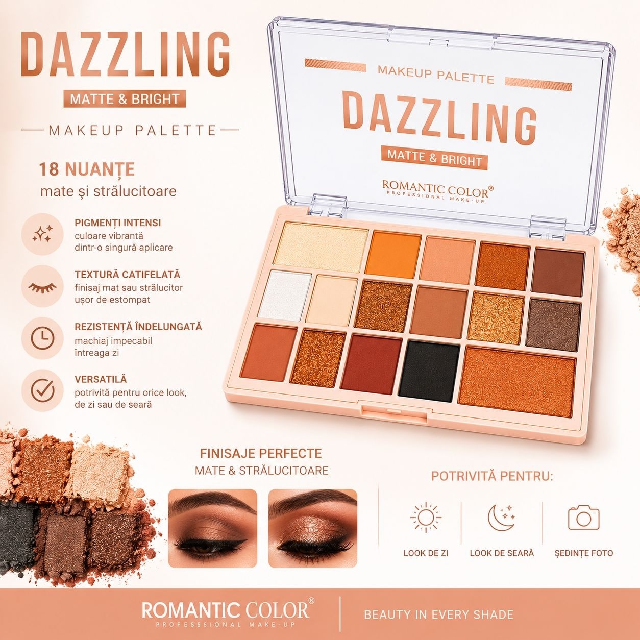 Set 12 Palete Farduri de Pleoape Romantic Color Dazzling Matte & Bright – 18 Nuanțe Mate și Sidefate 3