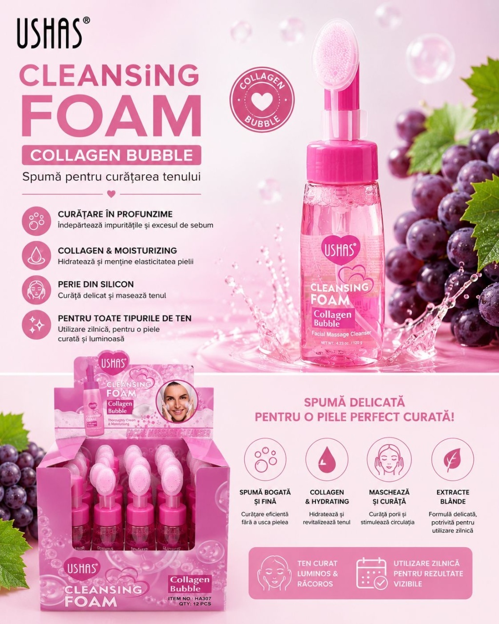 Set 12 Spuma de Curățare pentru Ten Ushas Collagen Bubble 240g – Cu Extract de Struguri 2